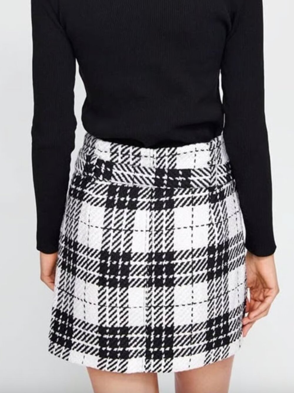 Zara • plaid tweed black and white zip up belted mini skirt - Picture 8 of 8